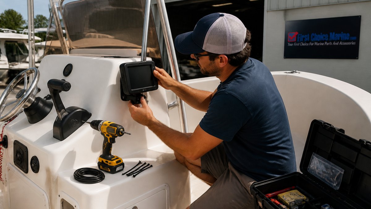 Boat owner installing a compact chartplotter on a center console helm using a drill and mounting bracket.