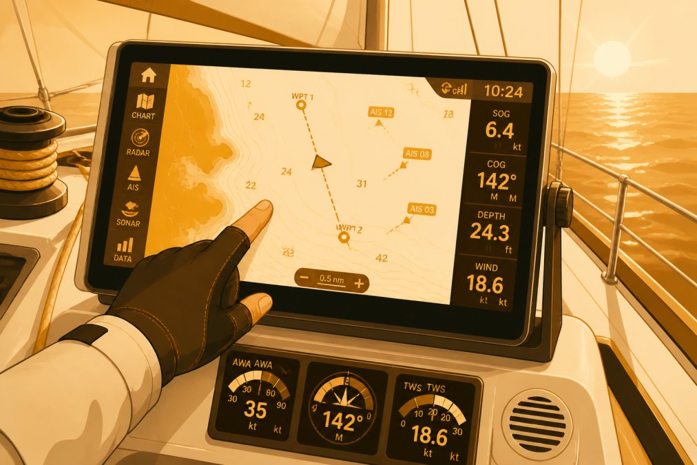 Close-up of a large touchscreen chartplotter mounted at a sailboat helm station, displaying a nautical chart with waypoints and AIS targets, bright sunlight on open water with a gloved hand touching the screen
