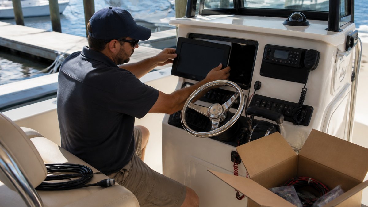 Technician installing a marine chartplotter and VHF radio on a center console boat helm