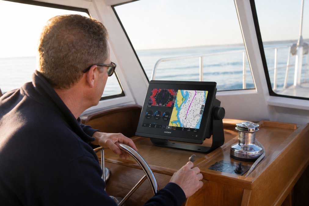 Weekend sailor at the helm reviewing navigation display on a Garmin chartplotter with coastal water visible through the cabin windows, natural morning light streaming across the helm