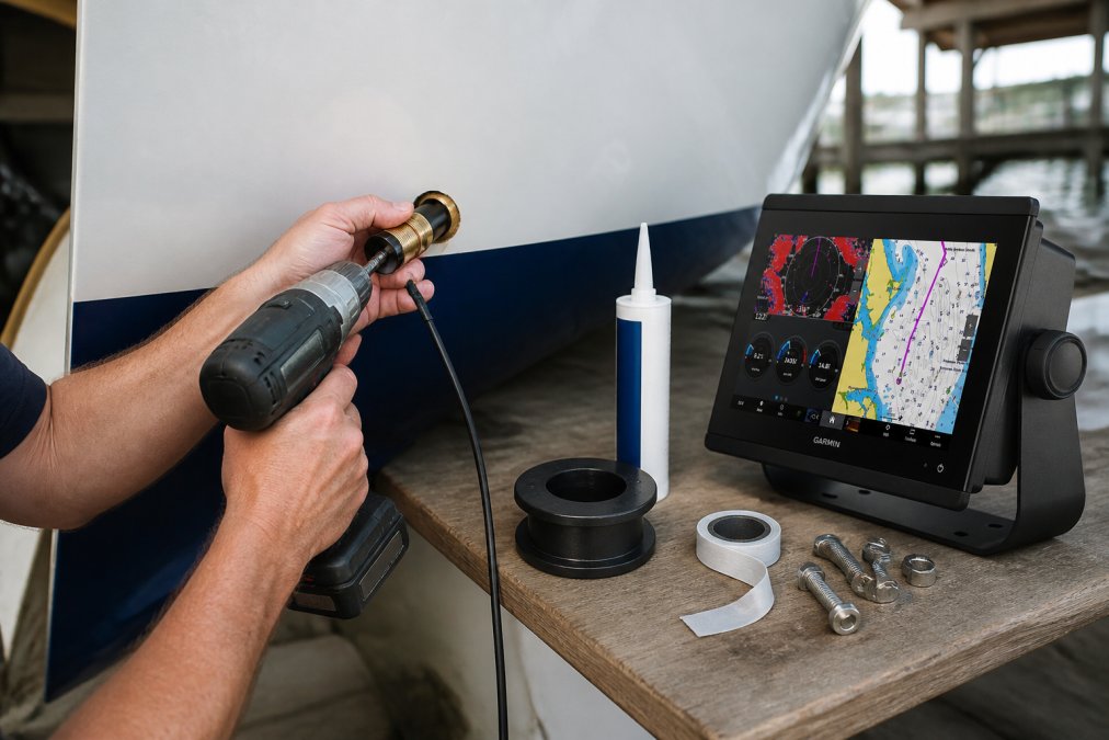 Hands installing a marine transducer through a boat hull with a drill, mounting hardware, and silicone sealant visible on a workbench next to the hull opening