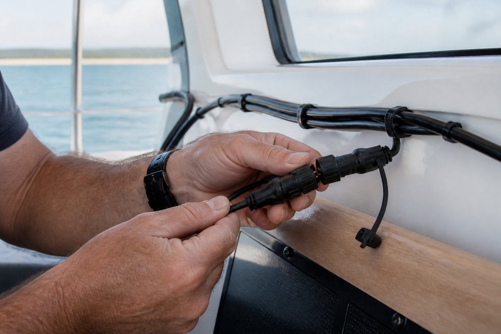 Professional marine technician's hands installing a shielded cable into a waterproof RJ45 connector on a boat's helm console, with cable routing visible along the cabin wall in natural daylight