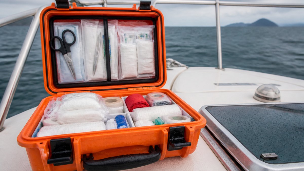 Open waterproof medical kit with organized supplies on a boat deck with an ocean background