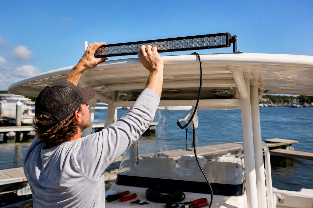 Technician mounting marine LED light bars to a boat hardtop at a dock