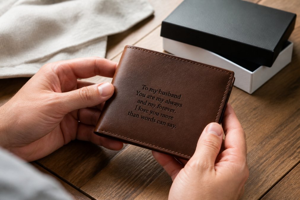 Process diagram showing the steps for customizing a Mark and Graham leather bifold wallet gift set.