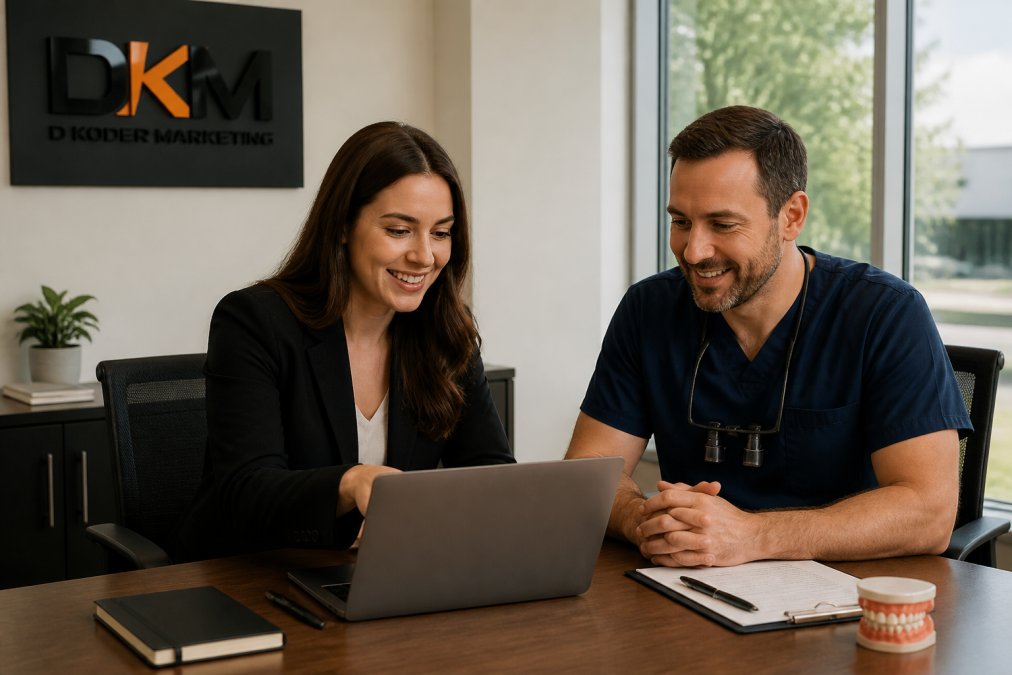 Dentist and marketing partner reviewing analytics and growth metrics on laptop at modern office desk with natural lighting