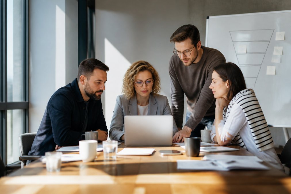 A small team of B2B marketing professionals gathered around a laptop reviewing a lead pipeline dashboard in a modern, well-lit office meeting room, with a whiteboard showing funnel stages in the background