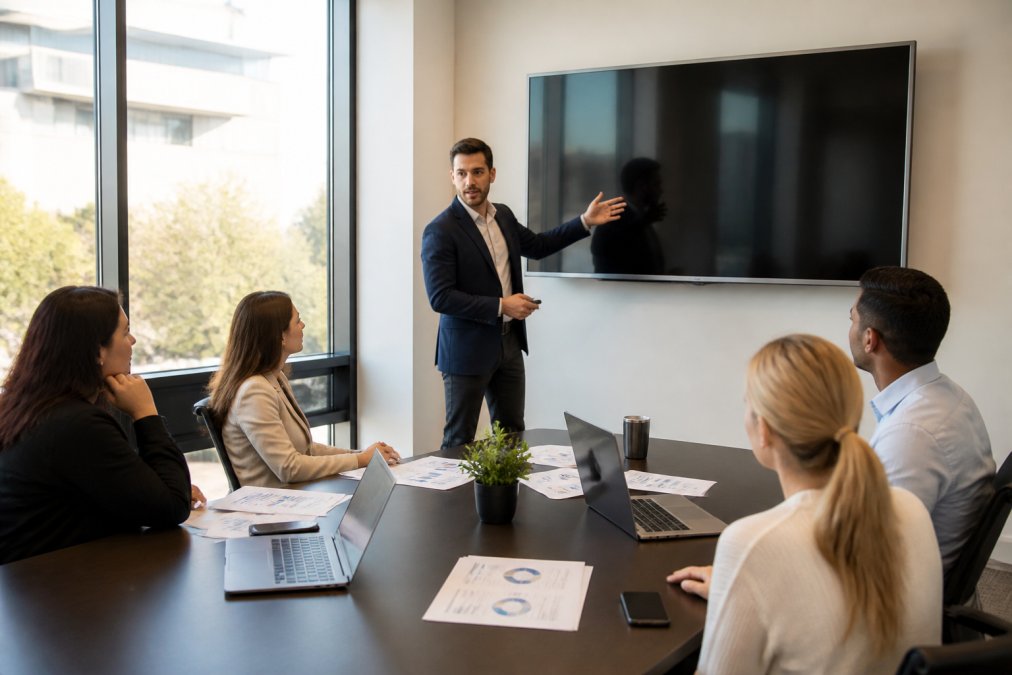 A business professional in a navy blazer presenting campaign performance results on a large wall-mounted screen to four colleagues seated at a conference table, with printed reports and laptops visible, in a bright modern office with large windows