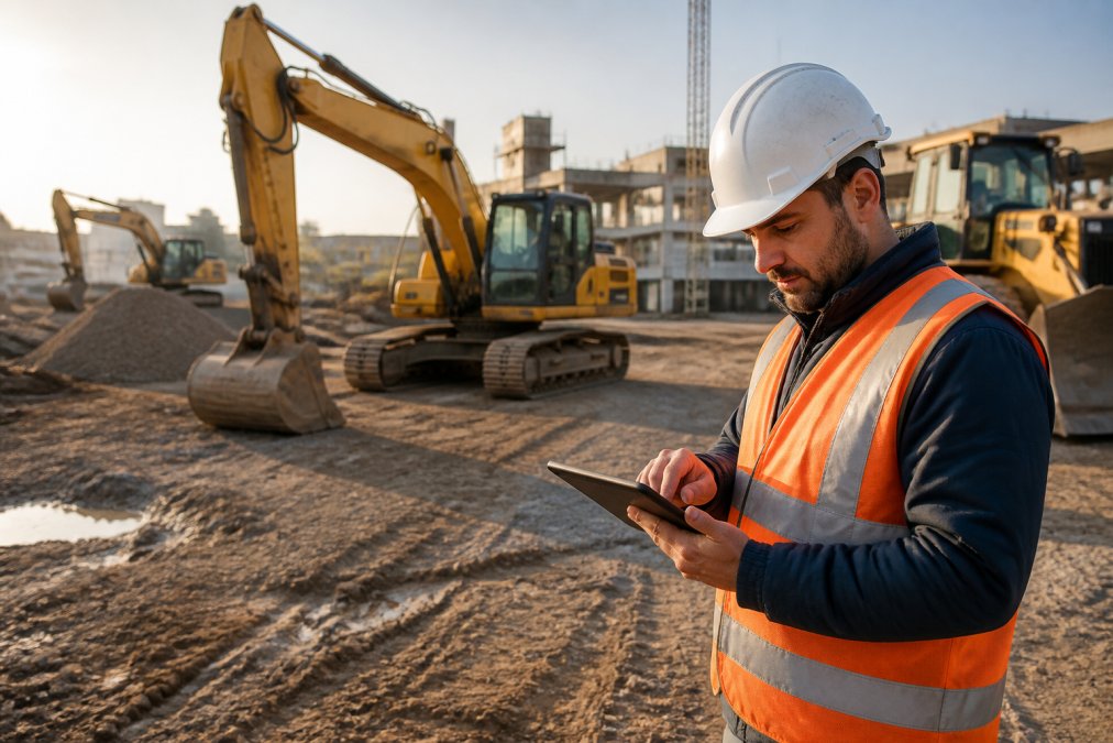 Construction manager reviewing equipment listings on a tablet at a job site with excavators and dozers visible in the background under morning sunlight
