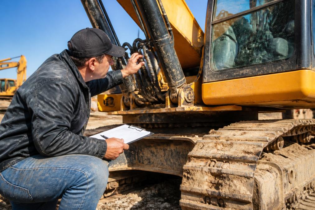 Inspector examining hydraulic systems and undercarriage of a used excavator with clipboard and inspection checklist in bright daylight