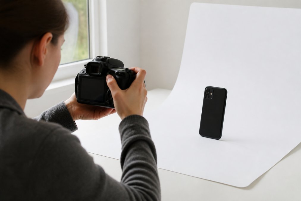 Person photographing a smartphone against a neutral white background with natural window lighting, showing proper product photography technique for online electronics listings