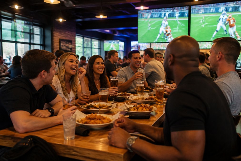 A lively group of friends and colleagues gathered around a large table at a sports bar, sharing wings and burgers while watching a game on multiple big screens, drinks in hand, warm overhead lighting