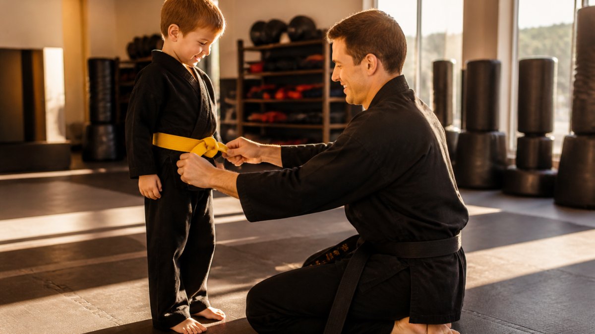An instructor guides a child during a martial arts for 6 year olds class on a padded studio mat.