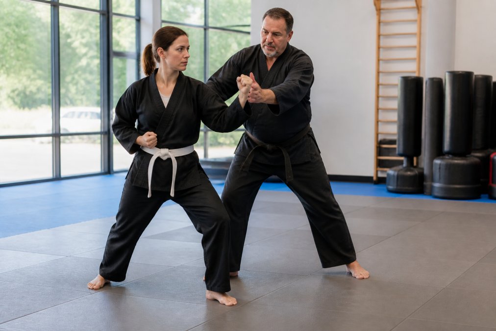 Instructor teaching a beginner student a stance in a studio to learn the best martial arts for self defense