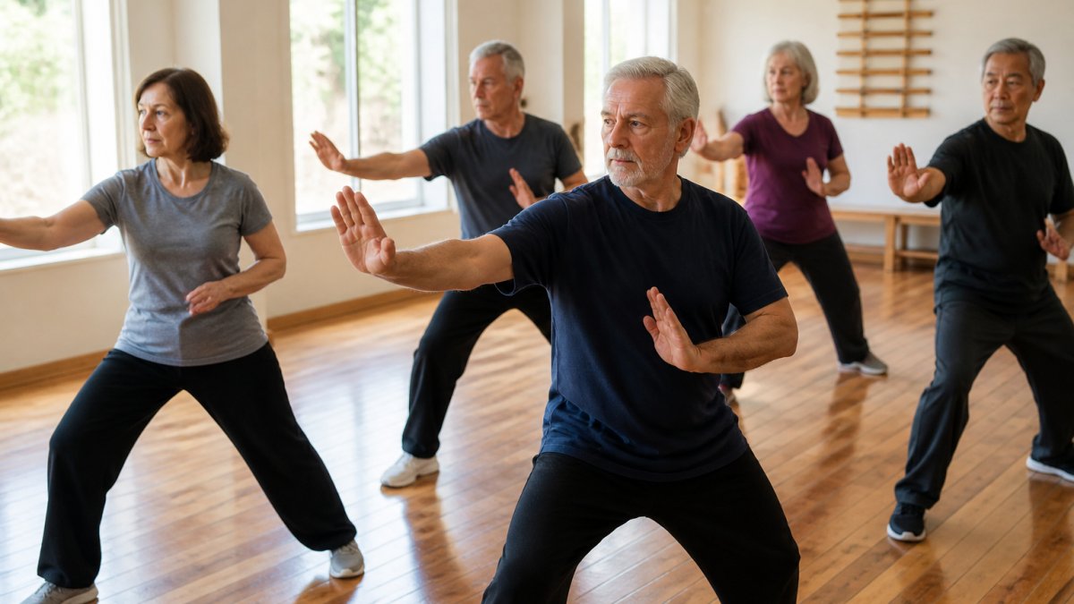 Adults in their 50s and 60s practicing slow martial arts for seniors in a bright, sunlit studio with wooden floors