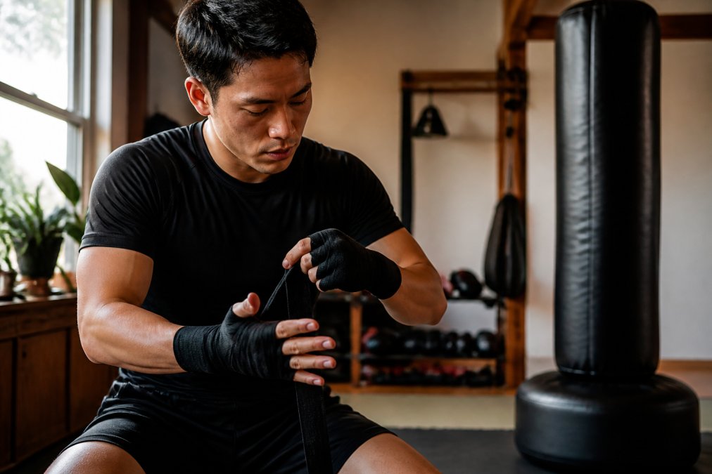 A martial artist in a compact home gym carefully wrapping their hands with cotton hand wraps before sliding on boxing gloves, a freestanding heavy bag visible in the warm background lighting