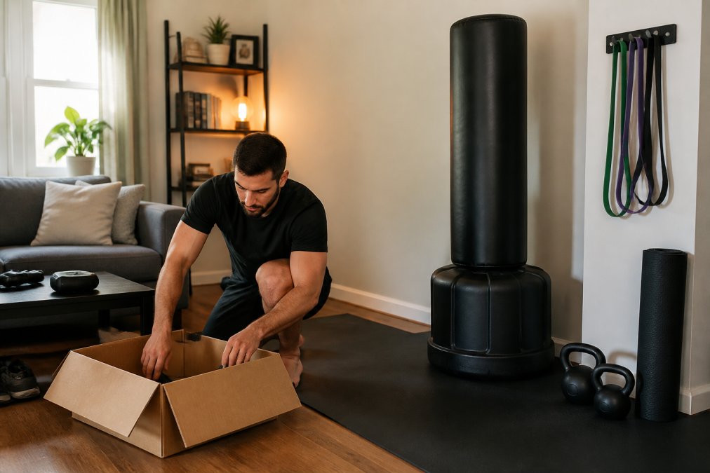 A compact apartment living room converted into a training space, with a freestanding heavy bag in one corner, resistance bands looped over a wall-mounted hook, and two kettlebells sitting neatly beside a rolled yoga mat under warm overhead lighting