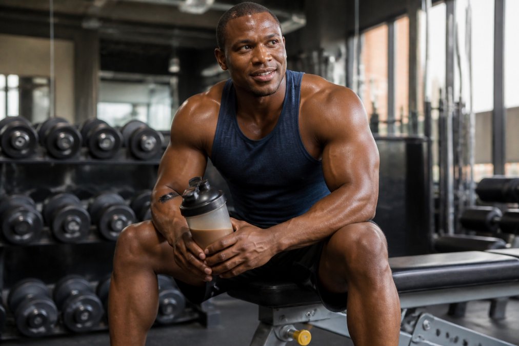 Muscular athlete in gym holding mass gainer shaker bottle with dumbbells visible in background, mid-workout setting with natural gym lighting