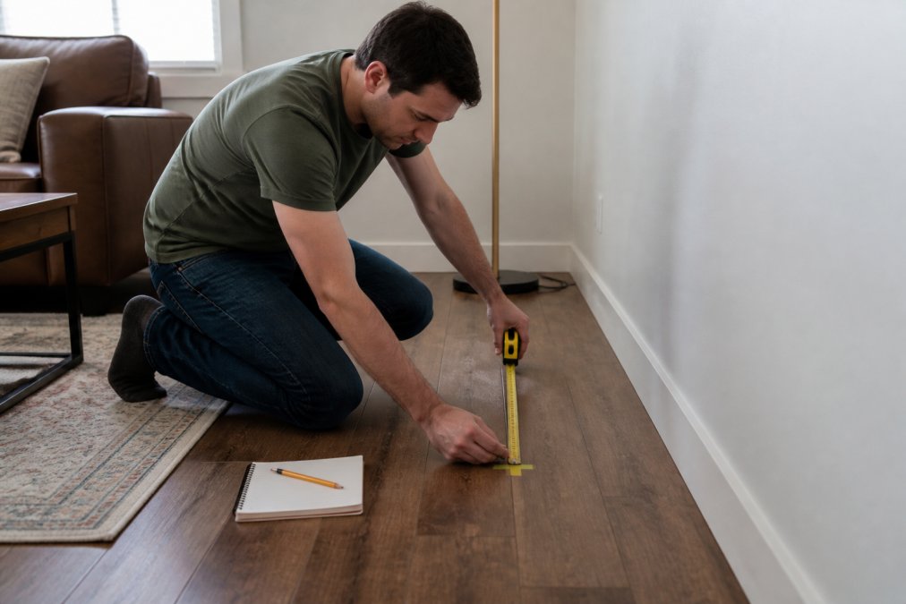 Step-by-step guide on measuring floor space for the best massage chair for small rooms using a tape measure and notebook.