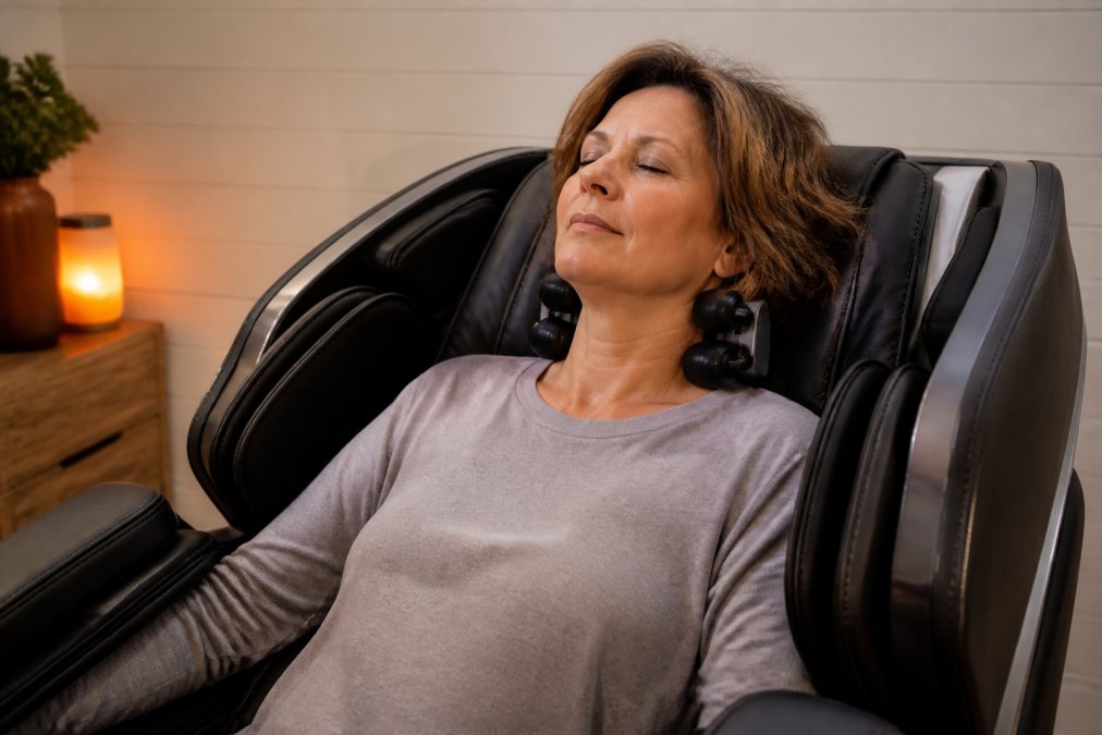 Woman in her 50s relaxing in a massage chair for neck pain with rollers targeting her upper spine and skull.