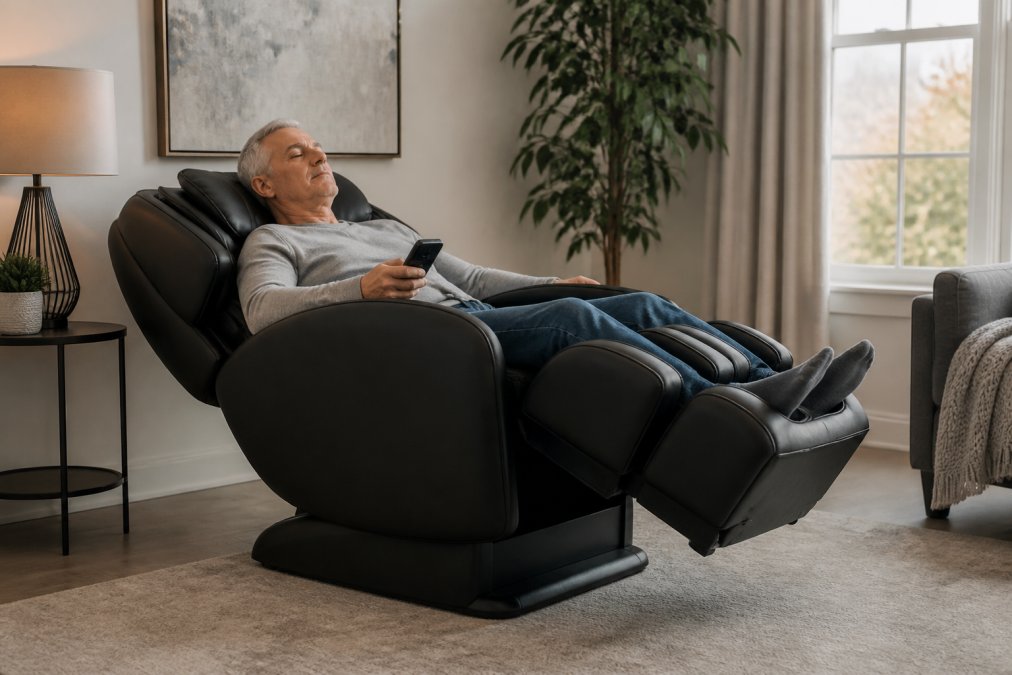 Senior adult relaxing in a zero gravity massage chair for seniors with feet elevated and a remote in hand