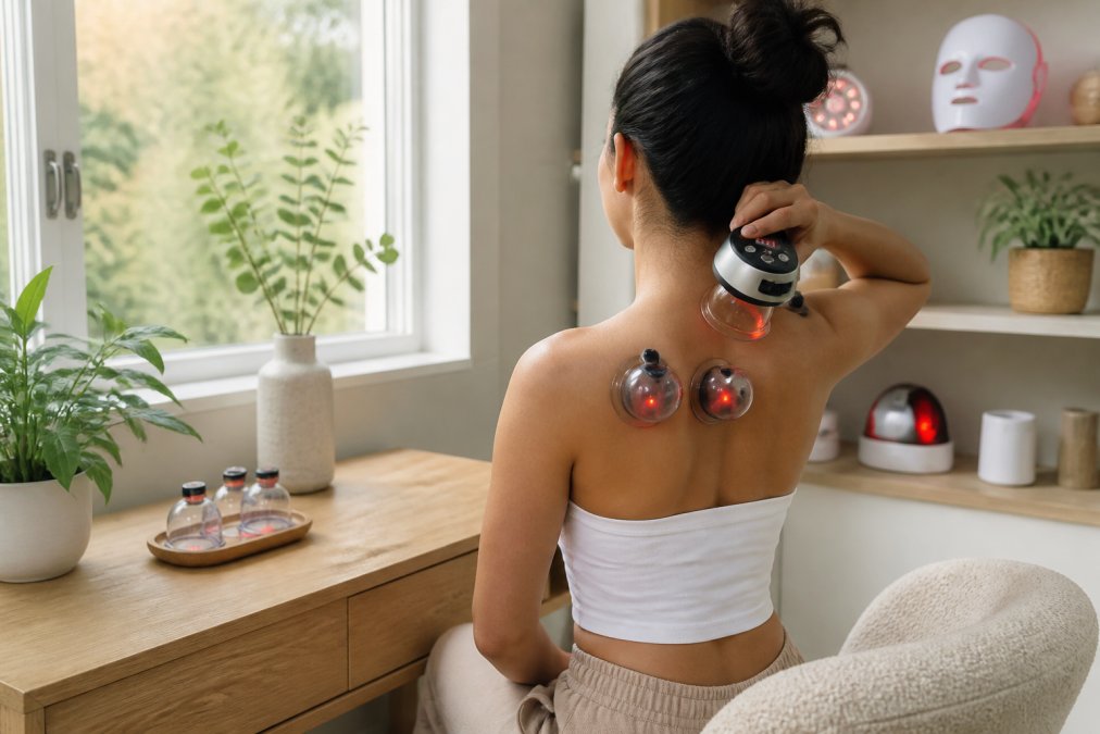 A person seated at a clean, modern home wellness desk using an electric cupping massage device on their upper back and shoulders, soft natural window light, relaxed posture, wellness products visible in the background