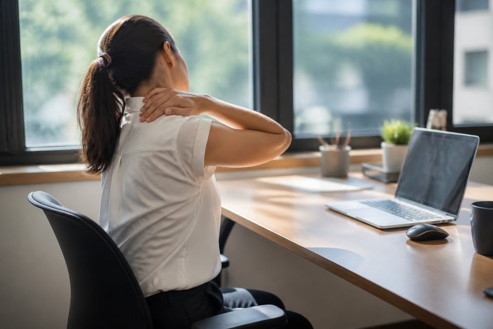 Office worker sitting at desk with visible neck and shoulder tension, hand touching upper back area, natural daylight streaming through window behind workstation