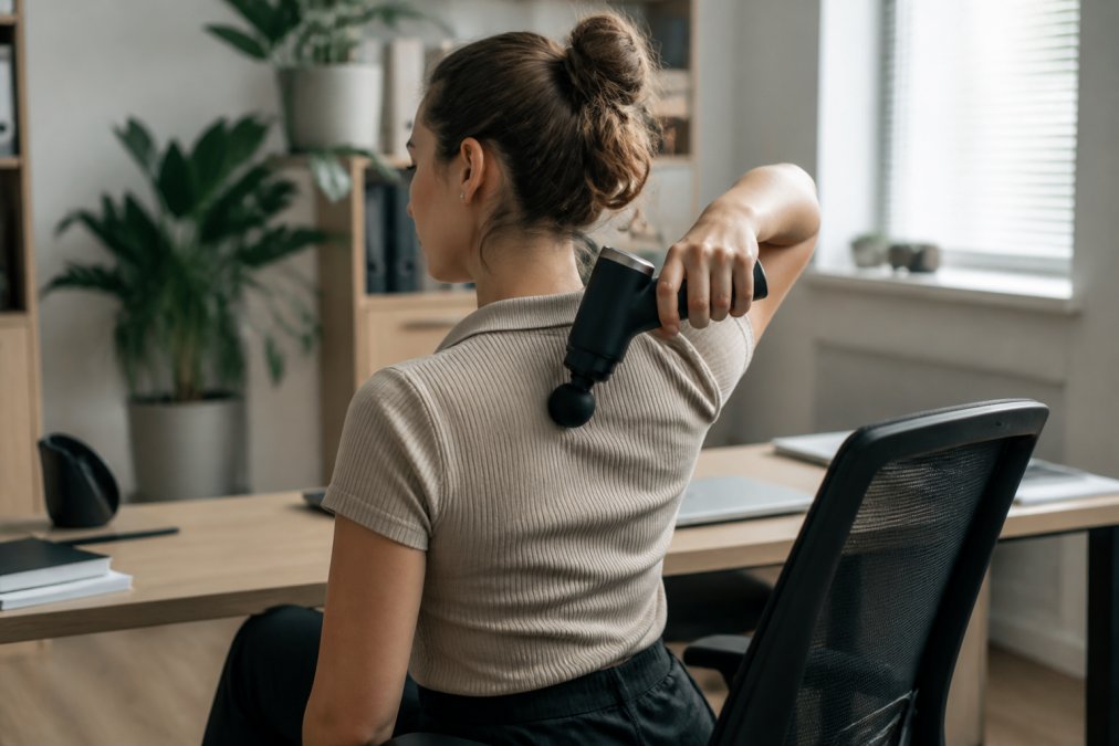 Person using a percussion massager on their upper back while seated in an office chair, demonstrating proper technique with good posture and focused expression