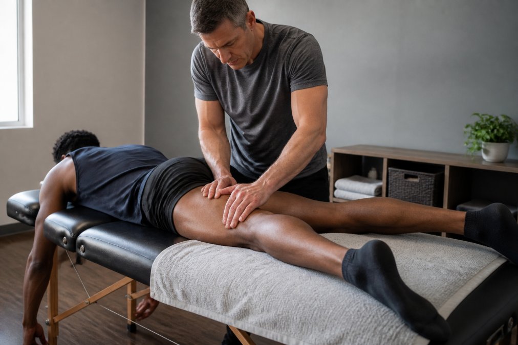 Professional massage therapist performing deep tissue work on athlete's leg while client lies face-down on professional massage table in well-lit clinical setting