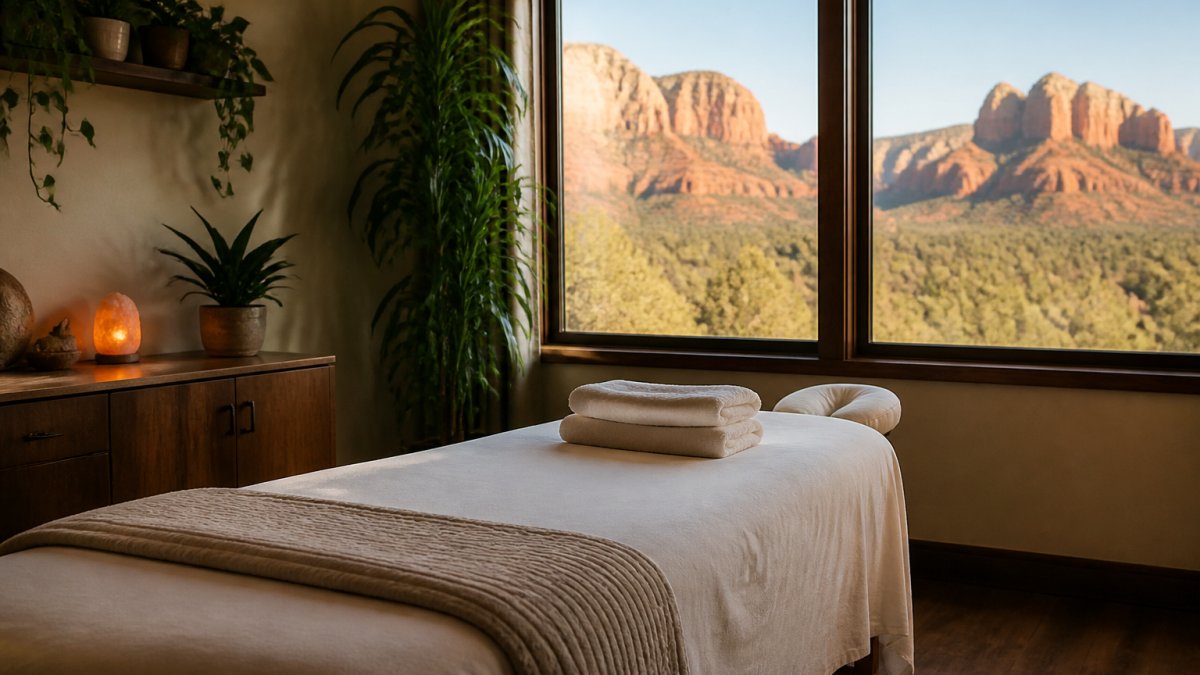 A calm, well-lit massage studio interior in West Sedona with a treatment table, soft white linens, folded towels, and warm desert light coming through a large window
