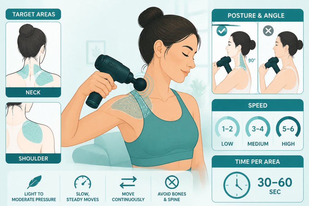 Person demonstrating proper percussion massage gun technique on shoulder and neck area, showing correct posture and arm positioning in bright home setting
