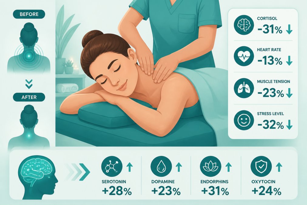 Person in deeply relaxed state receiving massage therapy, showing calm facial expression and visibly reduced muscle tension in shoulders and neck