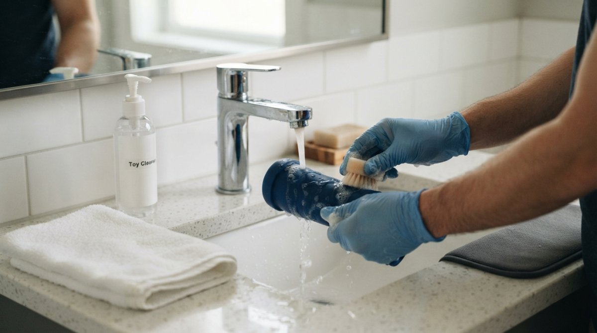 Hands wearing gloves washing a silicone solo pleasure toy with warm soapy water at a bathroom sink