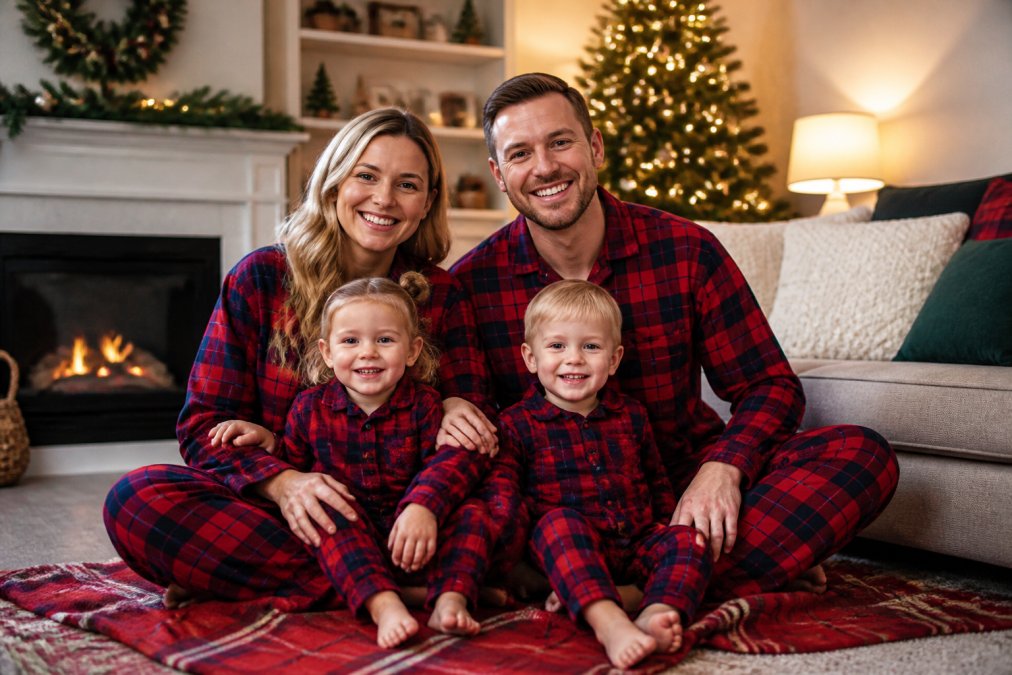 A cheerful family of four, mom, dad, and two young children, wearing coordinated red and navy plaid holiday loungewear, sitting together on a cozy living room floor surrounded by warm lamp light and simple holiday decor