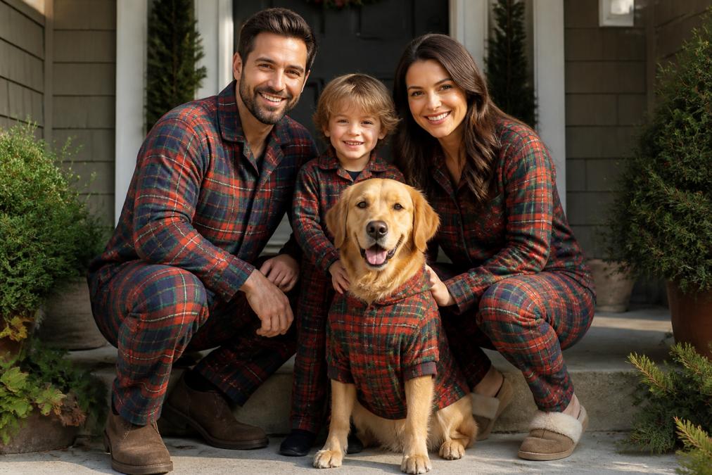 A family of three, two adults and a young child, posing with a medium-sized golden retriever on a front porch in warm winter afternoon light, all wearing coordinated red and green plaid outfits, the dog in a matching festive hoodie