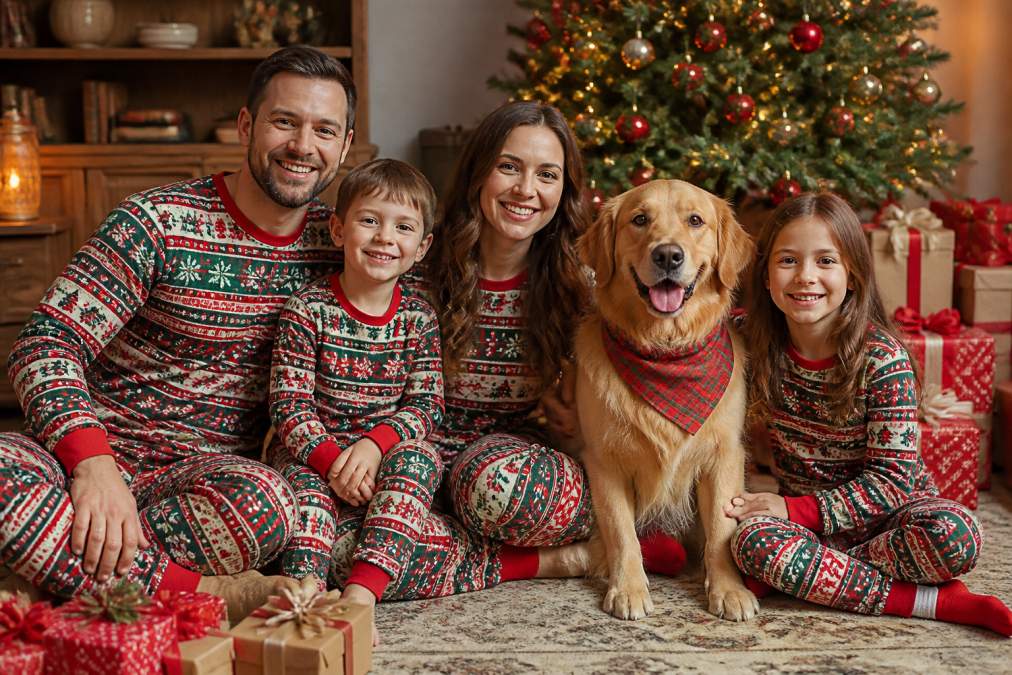A family in matching festive Christmas pajamas sitting on a living room floor with a golden retriever wearing a coordinating red and green holiday bandana, surrounded by wrapped gifts and a glowing decorated tree in warm indoor lighting
