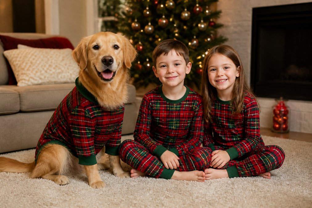 A golden retriever wearing a festive red and green plaid dog pajama outfit sitting beside two young children in matching holiday pajamas on a cozy living room rug, all three looking toward the camera with warm overhead lighting