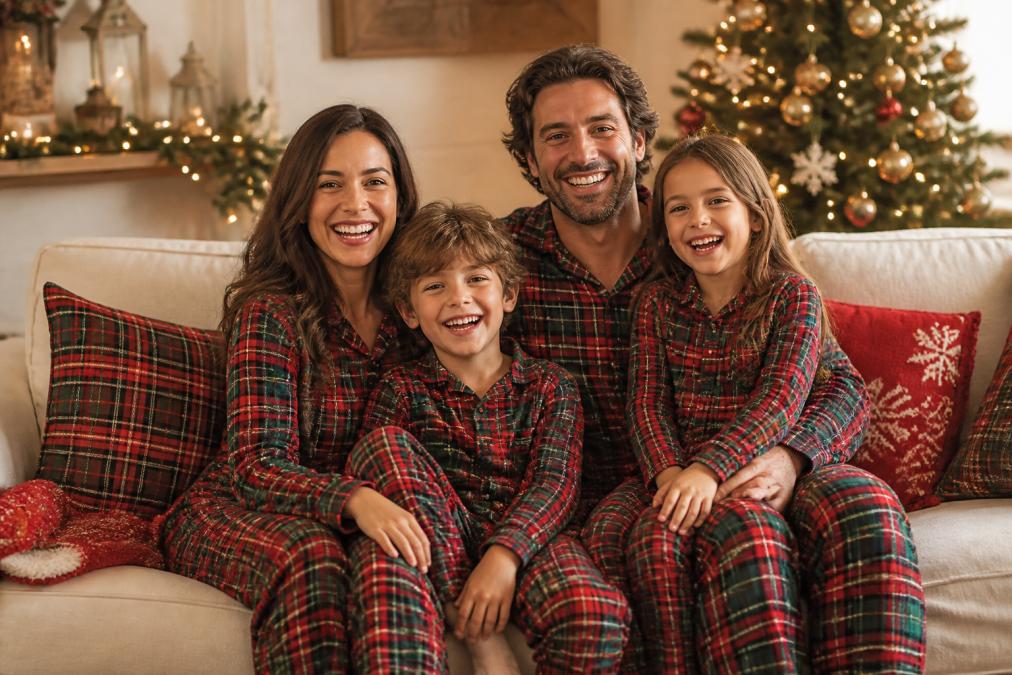 A cheerful family of four wearing coordinated red and green plaid flannel pajamas sitting together on a couch decorated with holiday throw pillows and warm string lights, laughing naturally at the camera in a softly lit living room