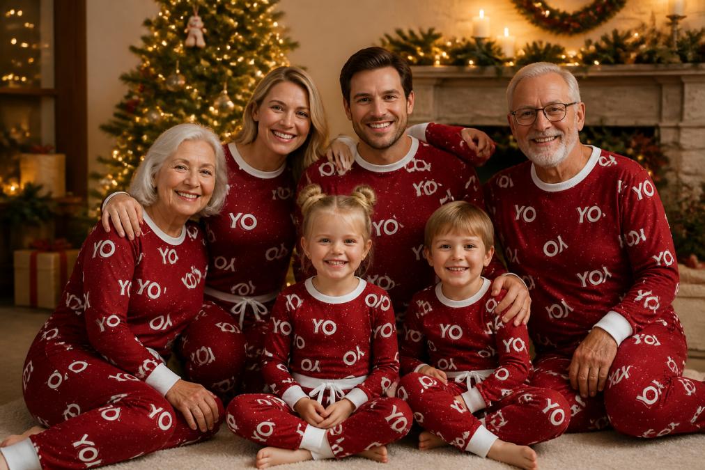 Multigenerational family wearing coordinated holiday pajama sets posed together by a decorated Christmas tree with warm golden lighting, smiling naturally at the camera
