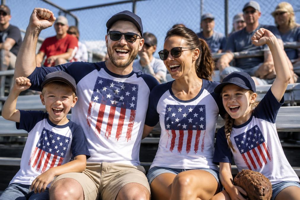 A family of four at a baseball game wearing coordinated patriotic-themed sports shirts in navy and white, with the mom in a fitted women's cut and dad in a classic unisex fit, two children in youth sizes, all smiling and cheering from metal bleachers on a sunny afternoon