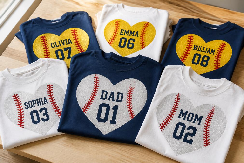 Close-up of multiple folded graphic t-shirts in navy and white displayed together, showing heart-shaped baseball and softball designs with personalized names and numbers on the back, arranged on a light wooden surface with natural window lighting