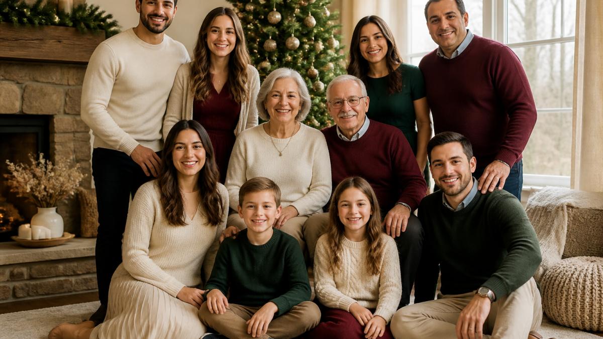 A multigenerational family in coordinated cream, burgundy, and forest green outfits posing in front of a decorated Christmas tree in a warm living room, natural light, candid smiles