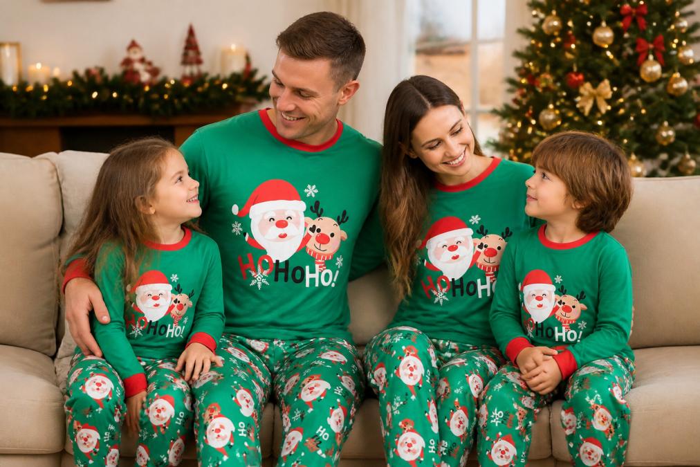 A family of four wearing coordinating Christmas pajama sets while sitting together on a couch, smiling and relaxed, with soft warm lighting and holiday decorations in the background