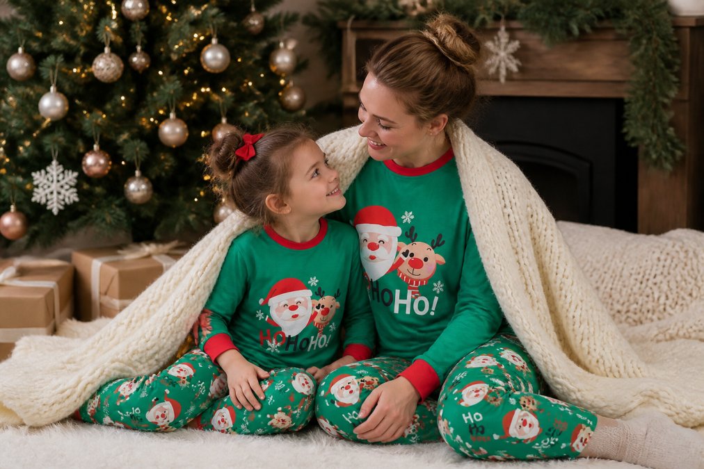 A mother and child wearing matching pajama sets, styled with a cozy knit cardigan, soft throw blanket draped over their shoulders, and holiday decorations in the background, posed together for a polished holiday photo