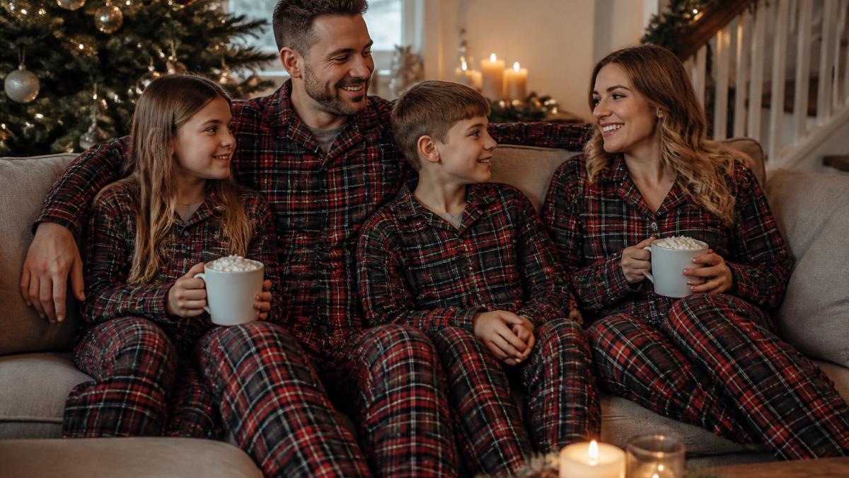 Tall father and family wearing matching plaid pajamas while relaxing on a couch with hot drinks during the holidays.