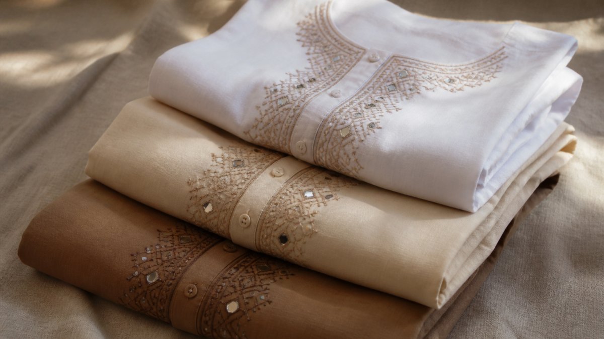 A folded stack of traditional embroidered Afghan men's outfits in white, beige, and mocha brown, with visible chest embroidery and mirror work, arranged on a neutral linen surface in soft daylight