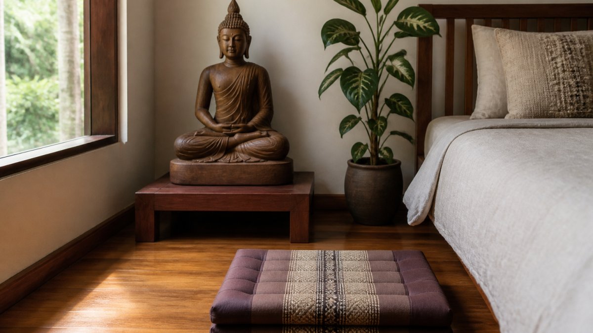 Una estatua de Buda de madera tallada descansando sobre una contrahuella de madera baja en un rincón tranquilo del dormitorio, con la suave luz de la mañana proveniente de una ventana cercana y una meditación doblada. cojín en el suelo