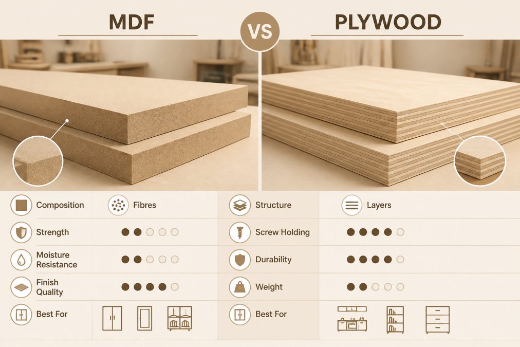 Close-up of freshly cut MDF and plywood boards side by side, showing texture and edge detail in a workshop setting
