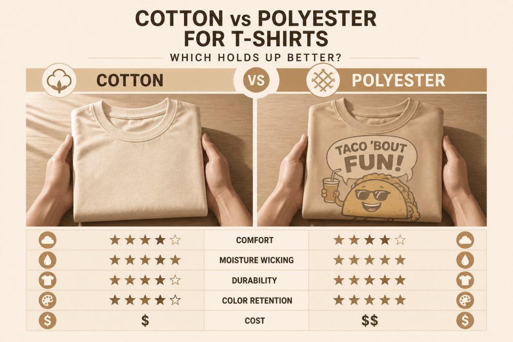 Close-up of hands holding two folded t-shirts side by side, one plain cotton and one with a printed graphic, on a wooden table with natural light