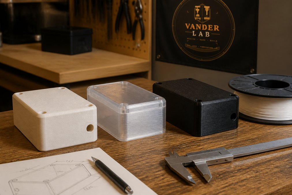A workbench in a home fabrication shop with several 3D printed enclosure prototypes in different materials, matte PLA, translucent PETG, and black ASA, arranged next to calipers, a sketch notebook, and a spool of filament under warm shop lighting